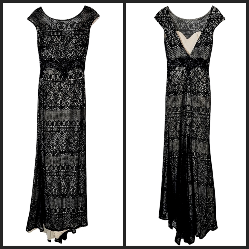 Tony Bowls Black Beaded Lace Sheer Illusion Floor Length Gown - Picture 2 of 11